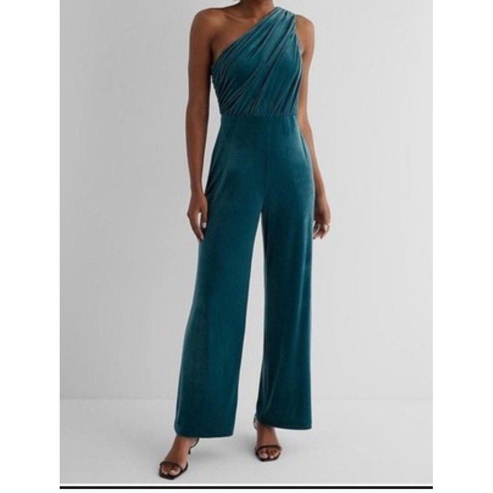 NWT Express Size XL Women's Green Crushed Velvet Pants Jumpsuit Wide Leg Holiday